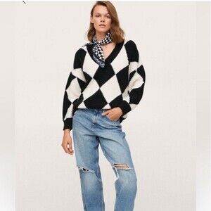 Mango Women’s Rhombus Knit Sweater Oversized Black And White Size Small